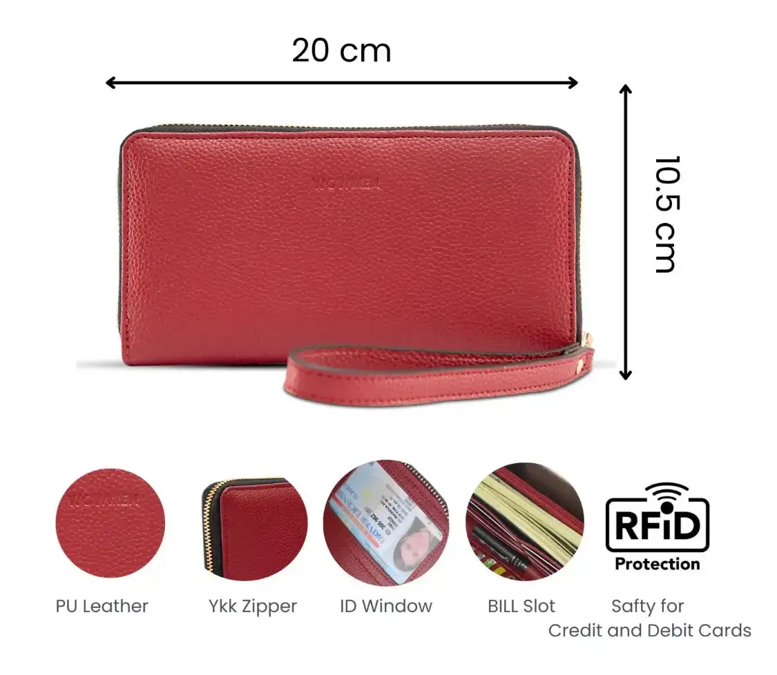 Women’s Genuine Leather Zip Around Large Wallet with RFID Blocking in Wine Red, image 3